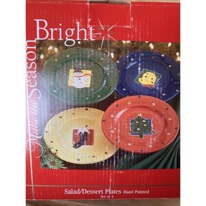 Make the Season Bright 4 Hand Painted Salad/Dessert Plates Mitten tree Snowman